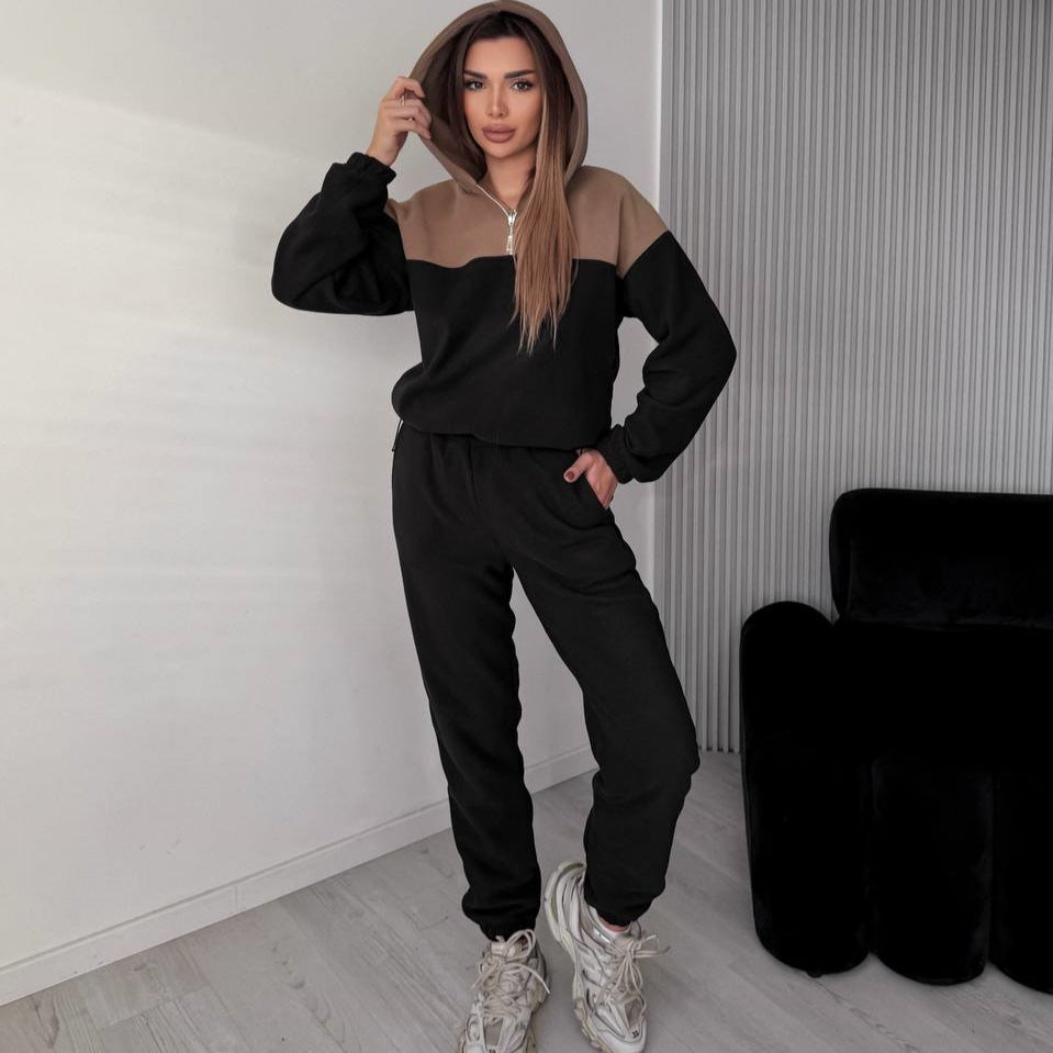 Damen Zweiteiliges Farbblock-Loungewear-Set mit halbem Reißverschluss und schmaler Jogginghose Drune