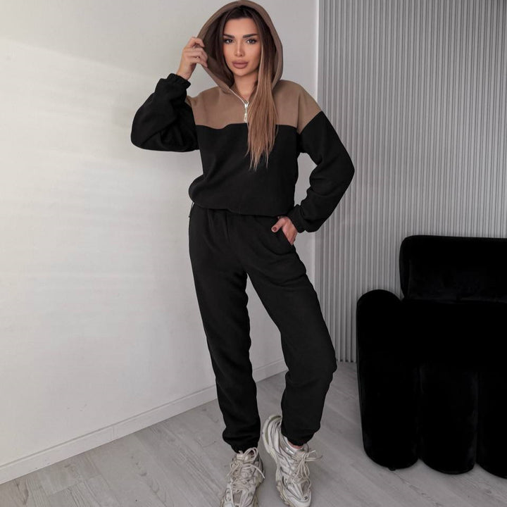 Damen Zweiteiliges Farbblock-Loungewear-Set mit halbem Reißverschluss und schmaler Jogginghose Drune