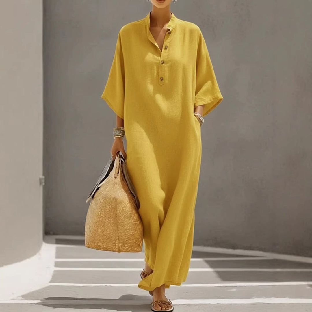 Damen Weites Kaftan-Midikleid mit Stehkragen und 3-Knopf-Blende Drune