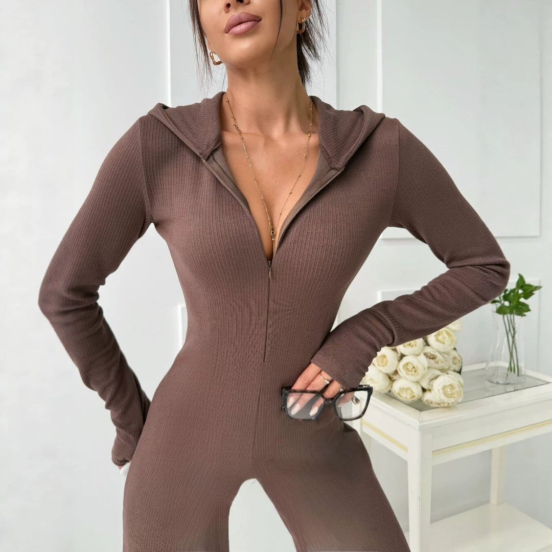 Damen Rippstrick Jumpsuit mit Kapuze und Front-Reißverschluss Drune