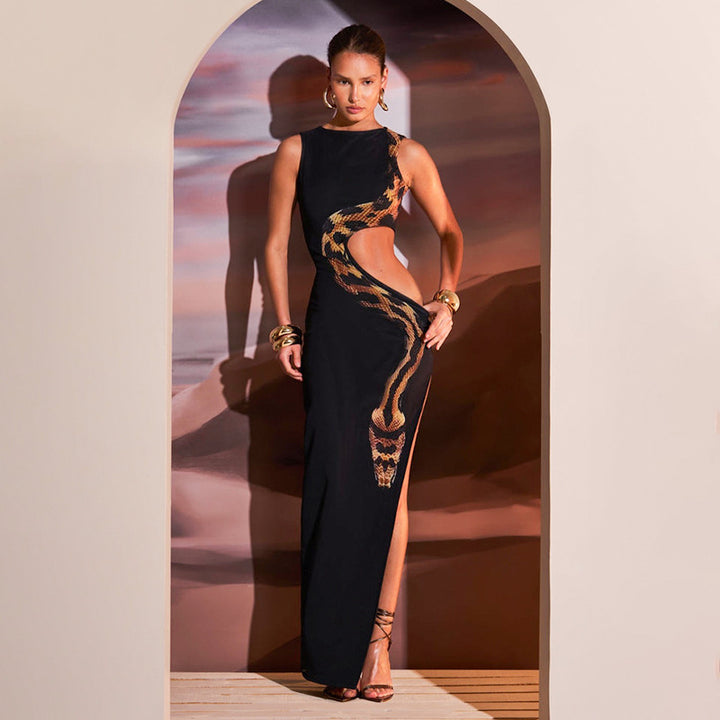Damen Maxikleid mit raffiniertem Schlangenmuster und Cut-Out-Details Drune