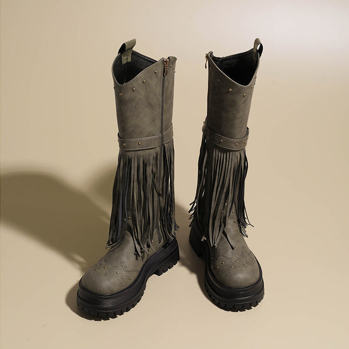 Damen Overknee-Stiefel mit modischem Fransen-Design und robustem Profil Drune
