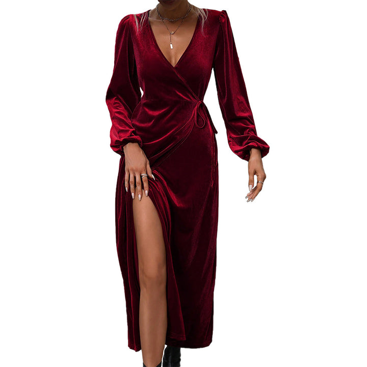 Damen elegantes Wickelkleid aus weichem Samt mit tiefem V-Ausschnitt und seitlichem Schlitz Drune