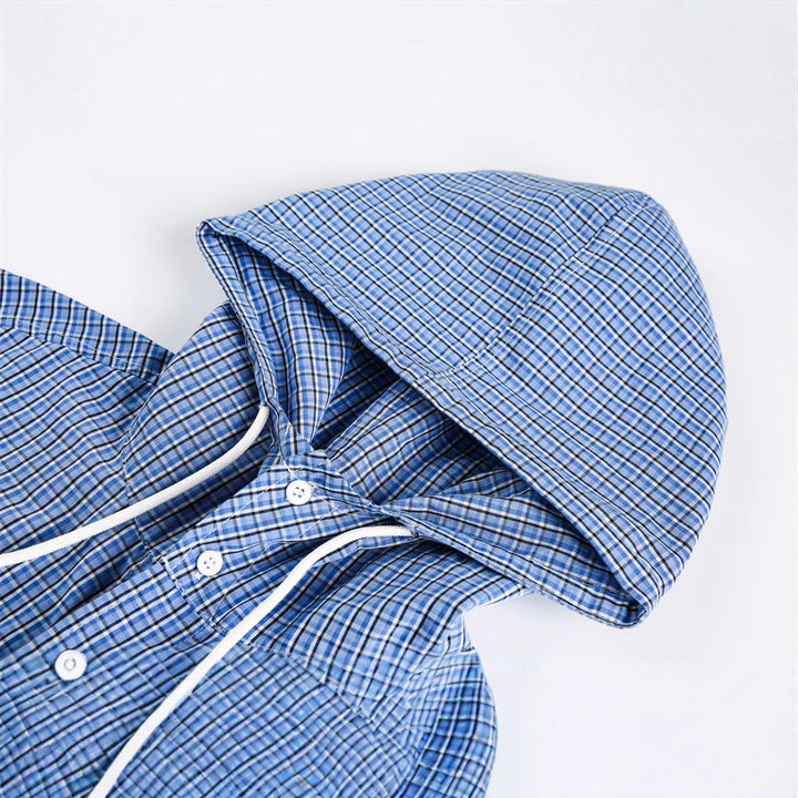 Unisex Kapuzen-Overshirt im karierten Longline-Schnitt mit Pattentaschen und Druckknopfleiste Drune
