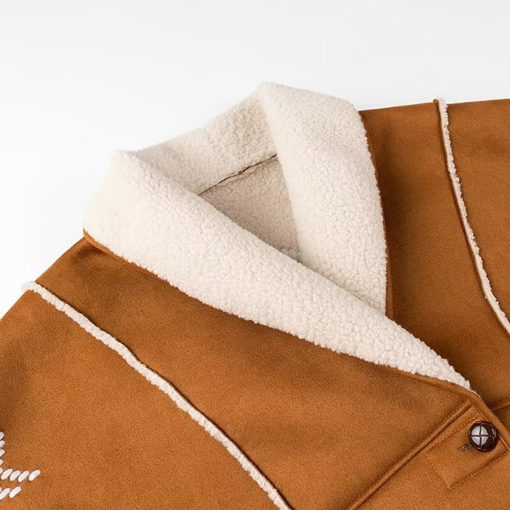 Damen nan gesteppte Kunstfell-Sherpa-Jacke mit Schalkragen, folklorischer Stickerei und aufgesetzten Taschen Drune