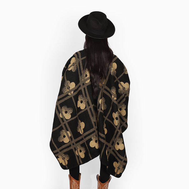 Damen Reversibler Jacquard-Poncho aus Wollmix mit floralem Karo‑Motiv und Zierkettelnaht Drune