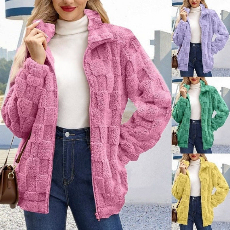 Damen Teddyjacke mit Karo-Struktur, Stehkragen und Reißverschluss Drune