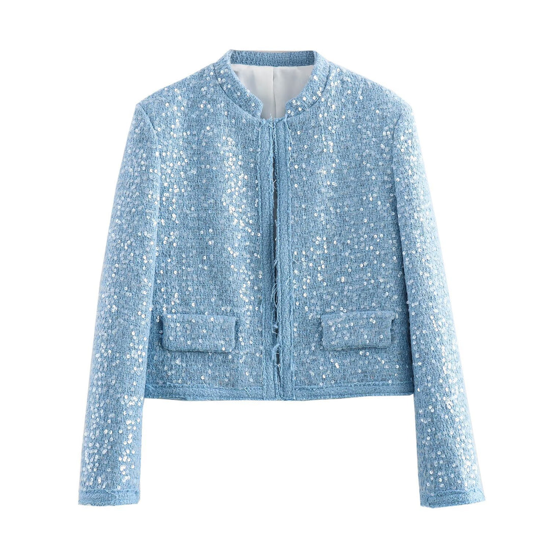 Damen Kurz geschnittene Bouclé‑Tweed Jacke mit Paillettenbesatz und Pattentaschen Drune