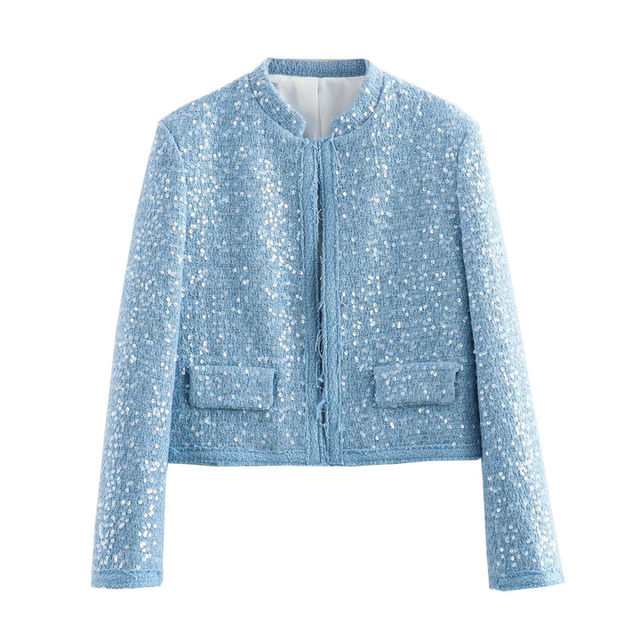 Damen Kurz geschnittene Bouclé‑Tweed Jacke mit Paillettenbesatz und Pattentaschen Drune