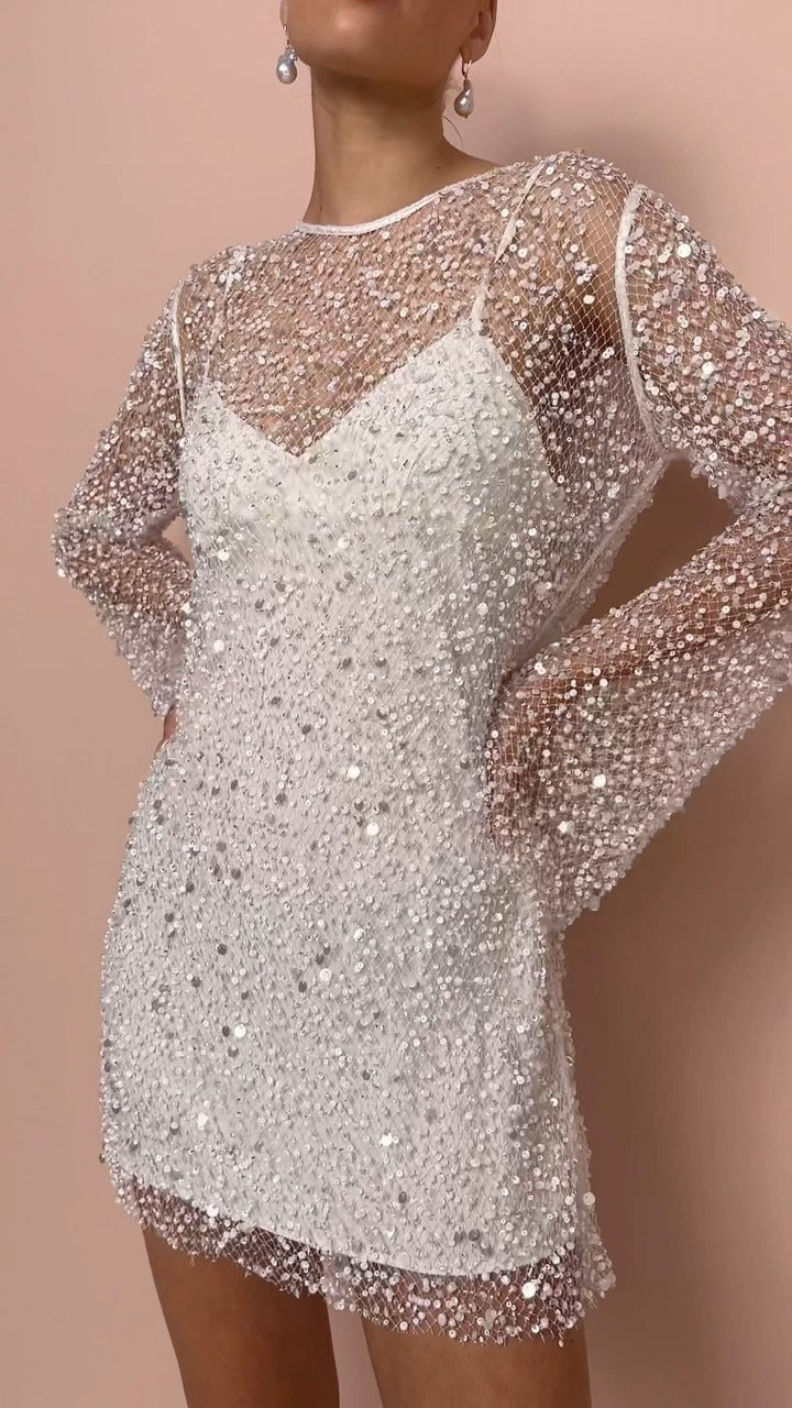 Damen Funkelndes Minikleid mit transparentem Überwurf und glitzernden Details Drune