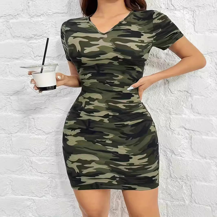 Damen figurbetontes camouflagemuster Kleid mit Kurzarm und V-Ausschnitt Drune