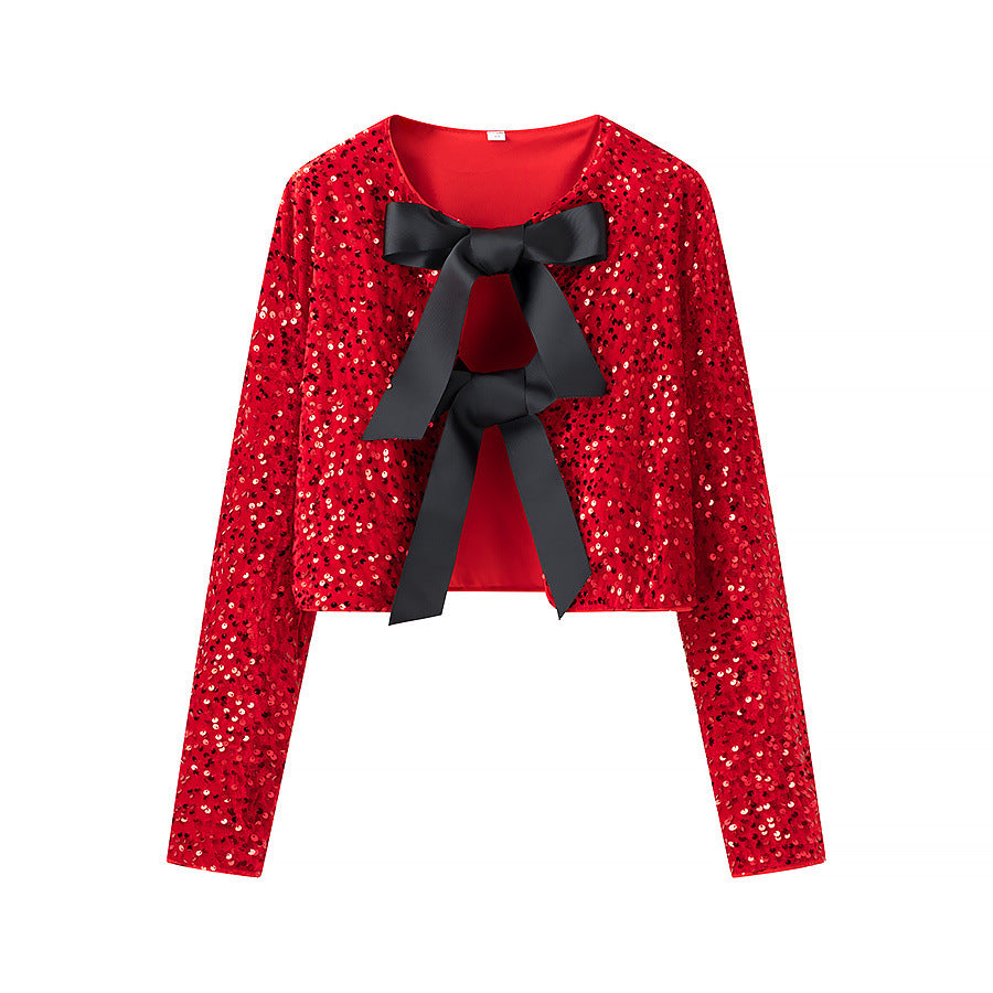Damen nan glitzernde Cropped-Bolerojacke mit Paillettenbesatz und dekorativen Satinschleifen Drune