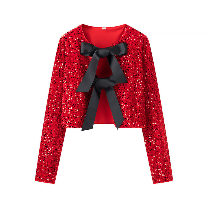 Damen nan glitzernde Cropped-Bolerojacke mit Paillettenbesatz und dekorativen Satinschleifen Drune
