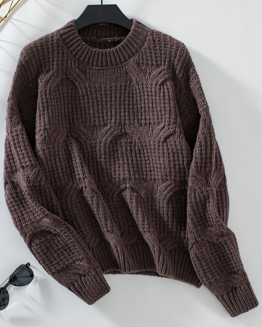 Drune uni Farbe Kabelstrickpullover
