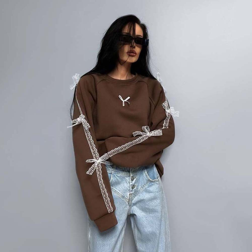 Damen elegantes Sweatshirt mit einzigartigen Bindegürteln Drune
