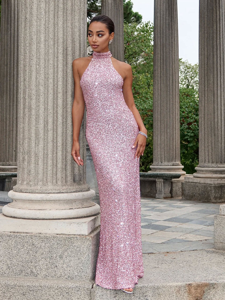 Damen Glitzerndes Abendkleid mit hohem Kragen und figurbetontem Schnitt Drune