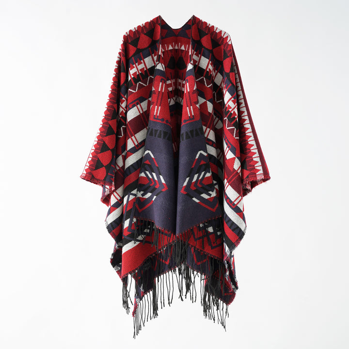 Damen Geometrisch gemusterter Wollmix‑Poncho mit Zipfel und Fransen Drune