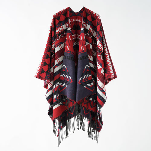 Damen Geometrisch gemusterter Wollmix‑Poncho mit Zipfel und Fransen Drune