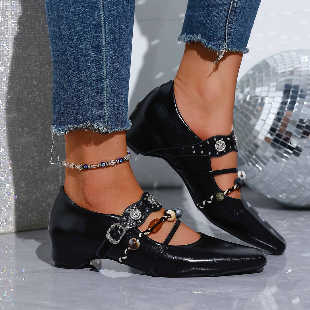 Damen nan spitze Ballerina-Slipper mit doppeltem Schmuckriemen und verstellbarer Metallschnalle Drune