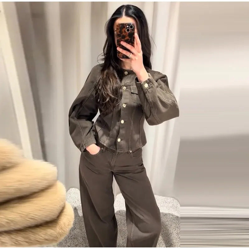 Damen Modische Jeansjacke mit Puffärmeln und dekorativen Knöpfen Drune