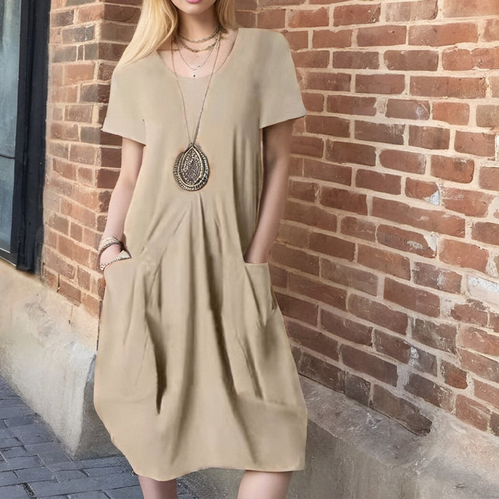 Damen lässiges Kurzarm-Kleid mit seitlichen Taschen und lockerem Schnitt Drune