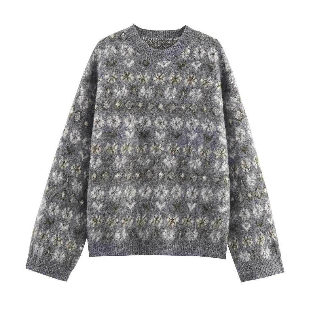 Damen Oversize Jacquard-Pullover aus weichem Mohair‑Mix mit Rundhalsausschnitt Drune