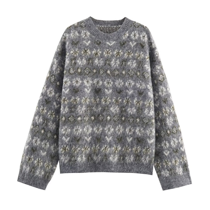 Damen Oversize Jacquard-Pullover aus weichem Mohair‑Mix mit Rundhalsausschnitt Drune
