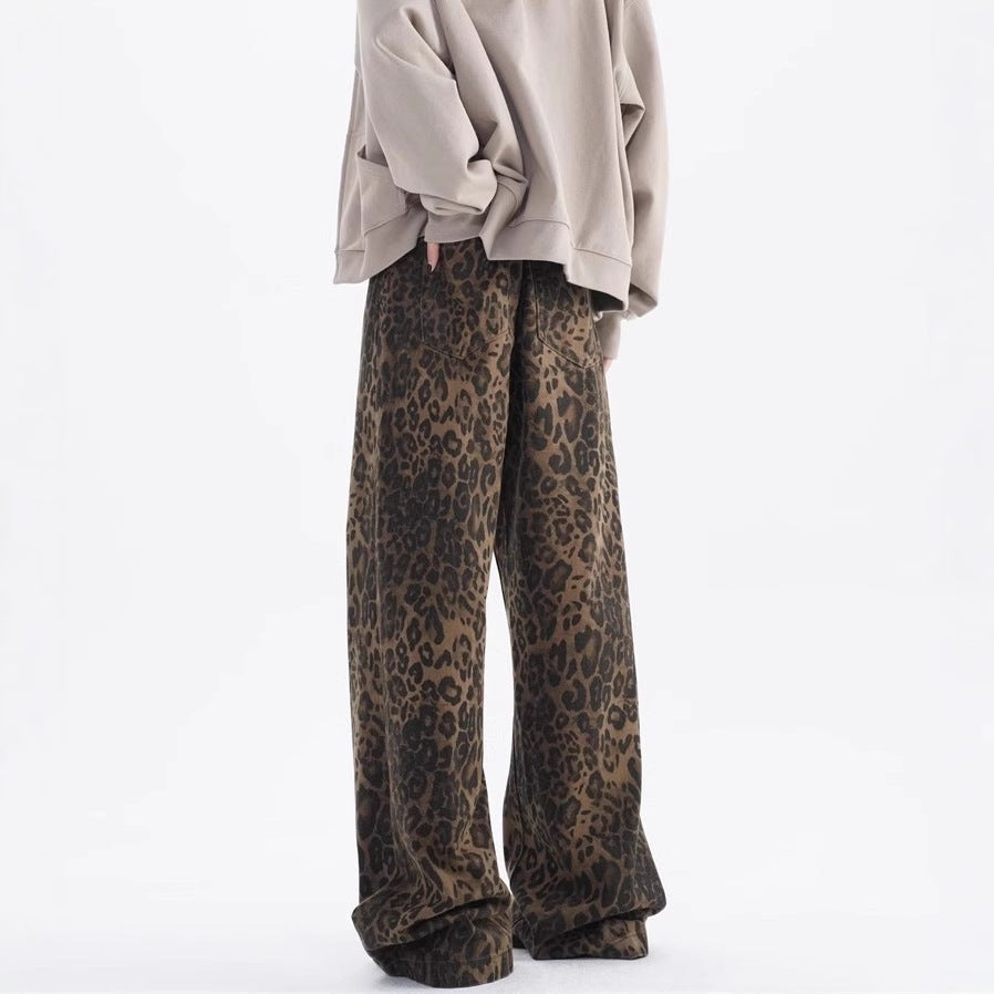 Damen Weite Leoparden-Jeans mit lässigem Schnitt und hoch tailliertem Design Drune
