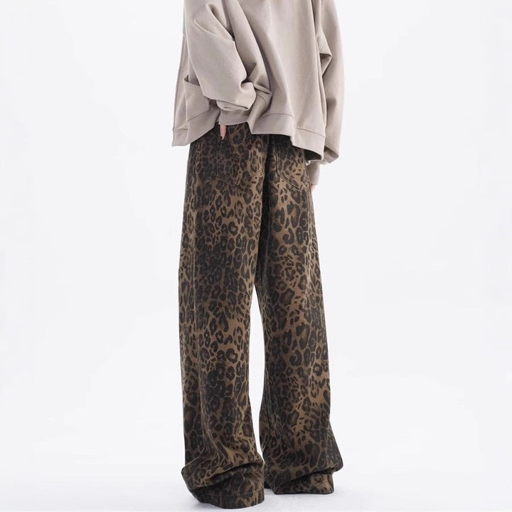 Damen Weite Leoparden-Jeans mit lässigem Schnitt und hoch tailliertem Design Drune