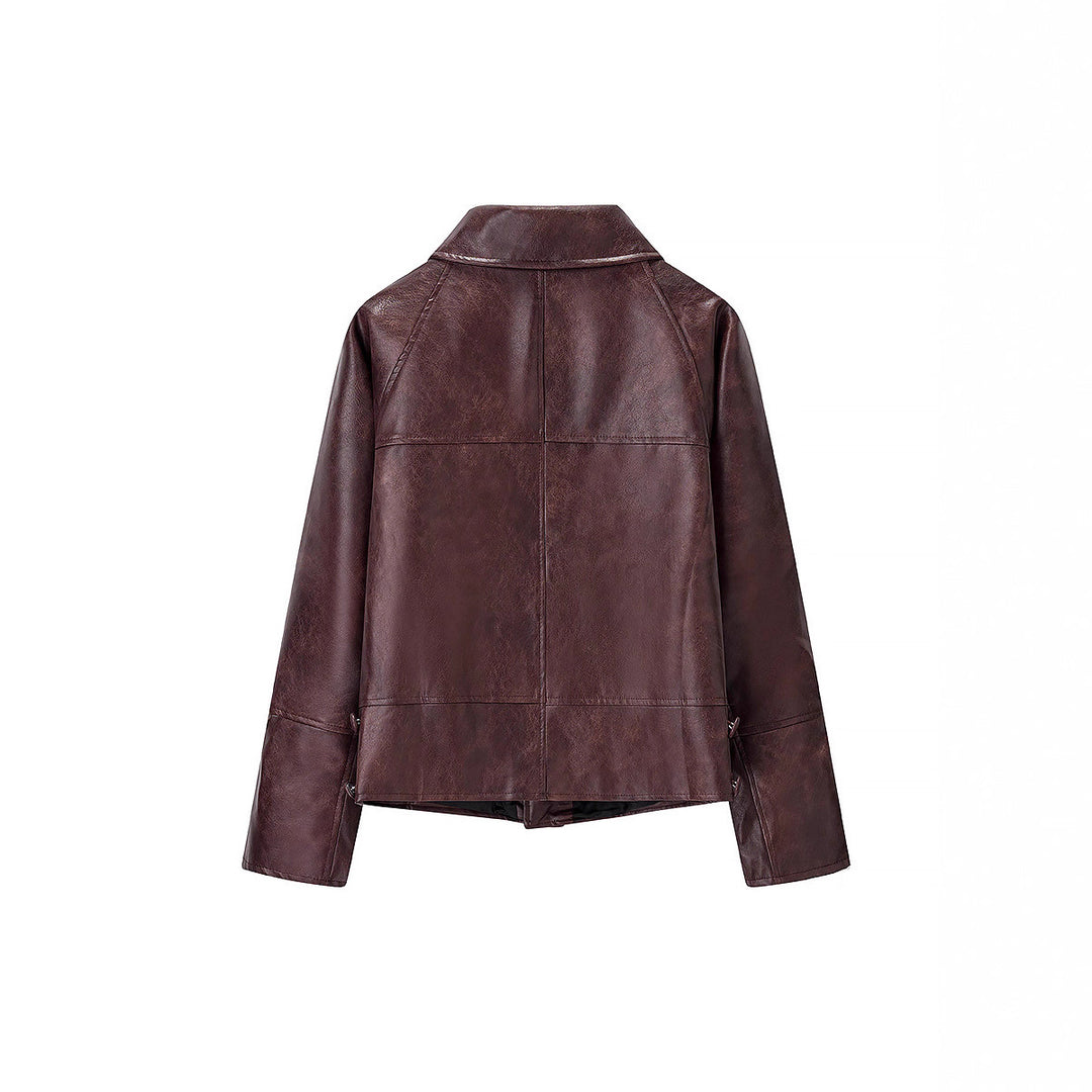 Damen Kurzer Boxy‑Lederimitat‑Blouson mit geometrischen Nahtdetails und Hemdkragen Drune