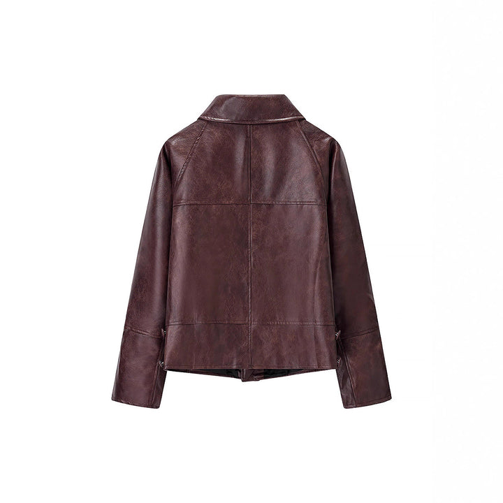 Damen Kurzer Boxy‑Lederimitat‑Blouson mit geometrischen Nahtdetails und Hemdkragen Drune