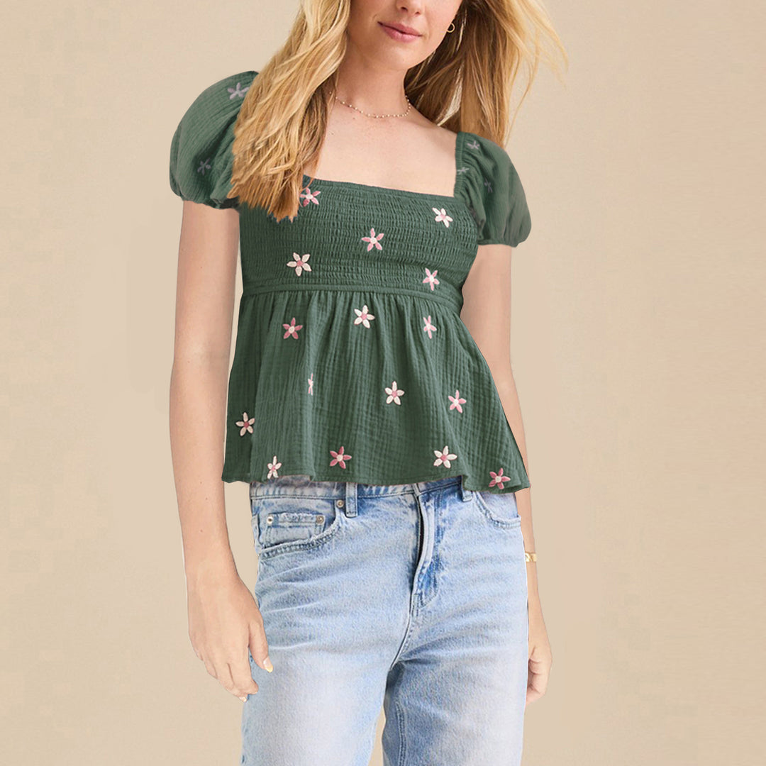 Damen Puffärmel Blusenshirt mit elastischem Bund Drune
