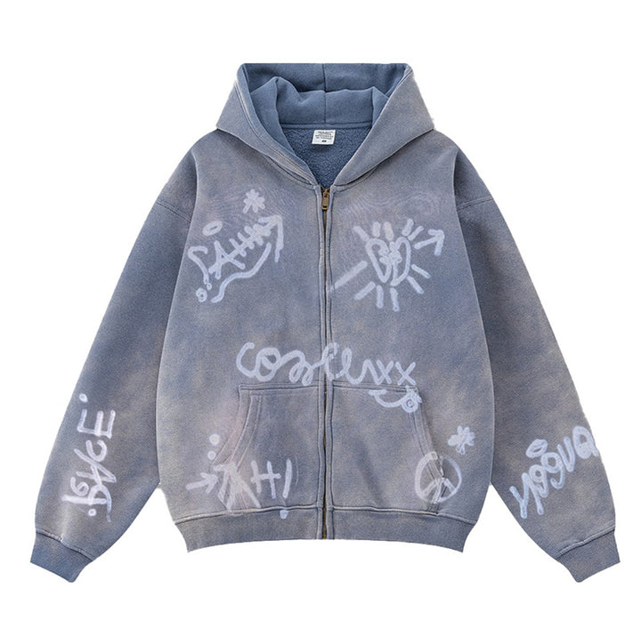 Unisex nan oversized Kapuzenjacke mit durchgehendem Reißverschluss, gebürstetem Fleecefutter und handähnlichem Sprayprint Drune