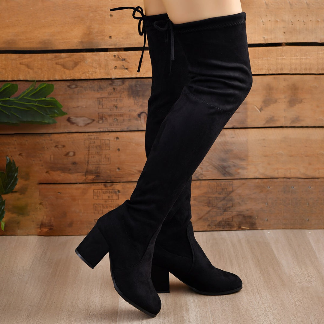 Damen Stretch Overknee Stiefel mit elastischem Schaft und mittlerem Blockabsatz Drune