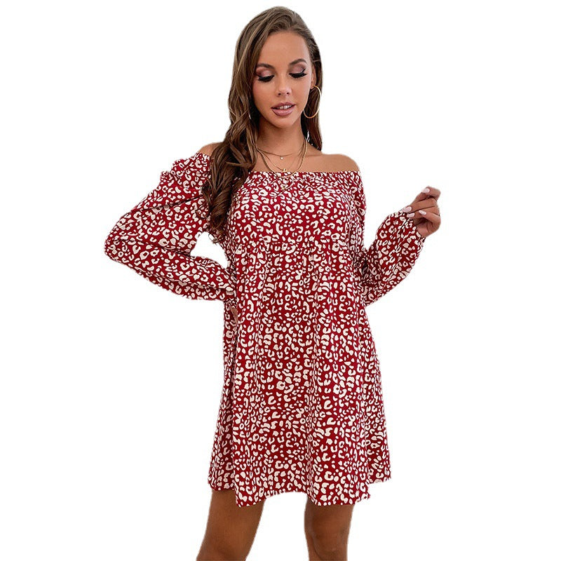 Damen Schulterfreies Babydoll‑Minikleid mit Animalprint, gerafftem Oberteil und langen Ärmeln Drune