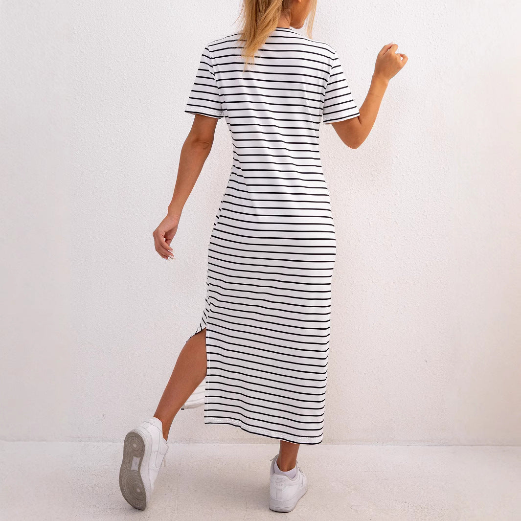 Damen Midi-Kleid mit lässigem Streifenmuster und seitlichem Schlitz Drune