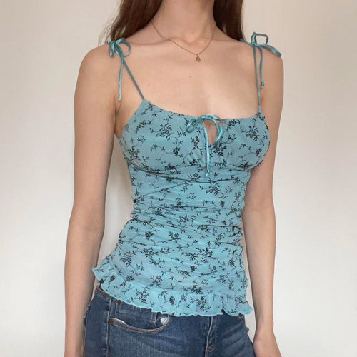 Damen luftiges Blumenmuster Top mit Rüschendetails und verstellbaren Trägern Drune