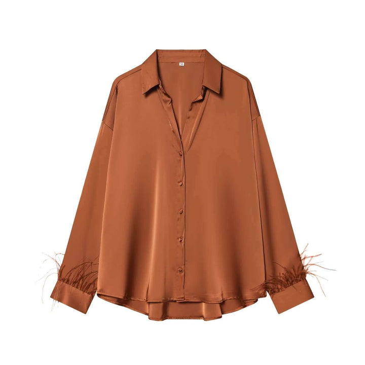 Damen Satinbluse mit eleganten Federverzierungen Drune
