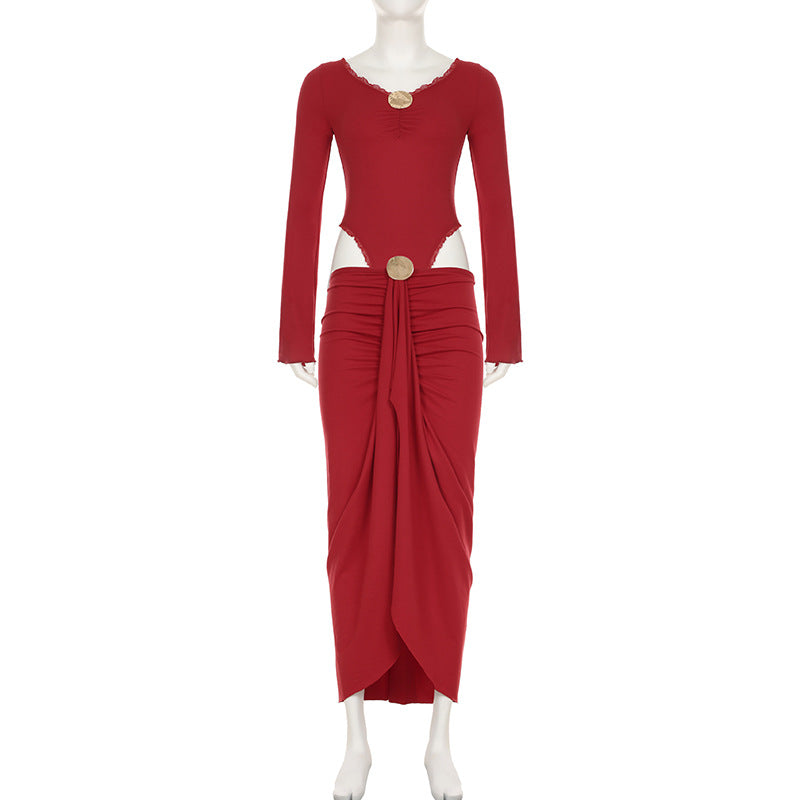 Damen eleganter Wickelrock mit glanzvollem Knopfdetail Drune