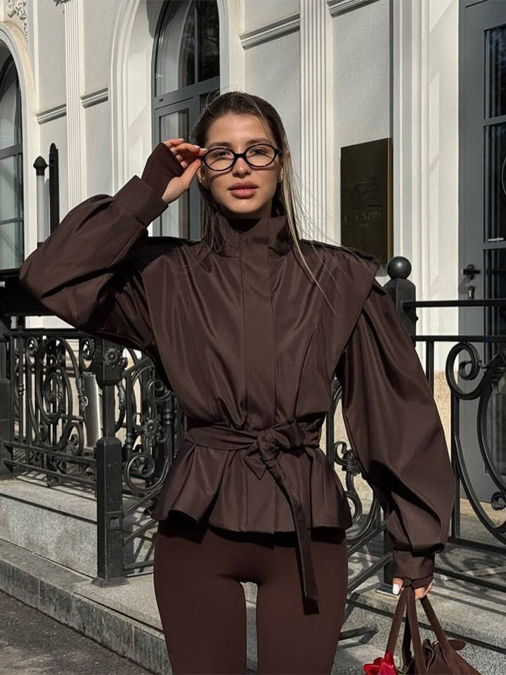 Damen Taillierte Peplumjacke mit Bindegürtel und voluminösen Ärmeln Drune