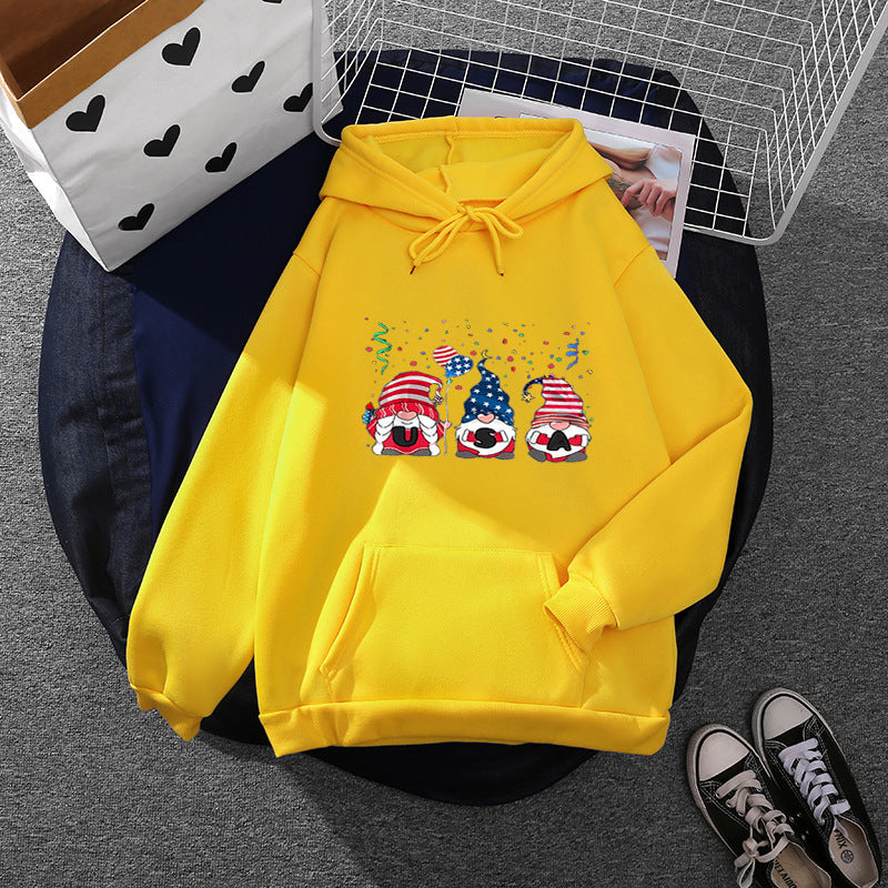 Damen nan Kapuzenpullover mit patriotischem Gartenzwerg-Print, angerautem Fleece-Innenfutter, Oversize-Schnitt und Kängurutasche Drune