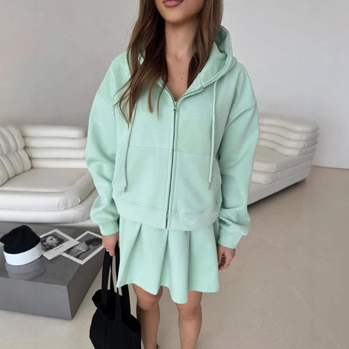 Damen Kurzzip-Kapuzenjacke mit plissiertem Minirock-Lounge-Set Drune