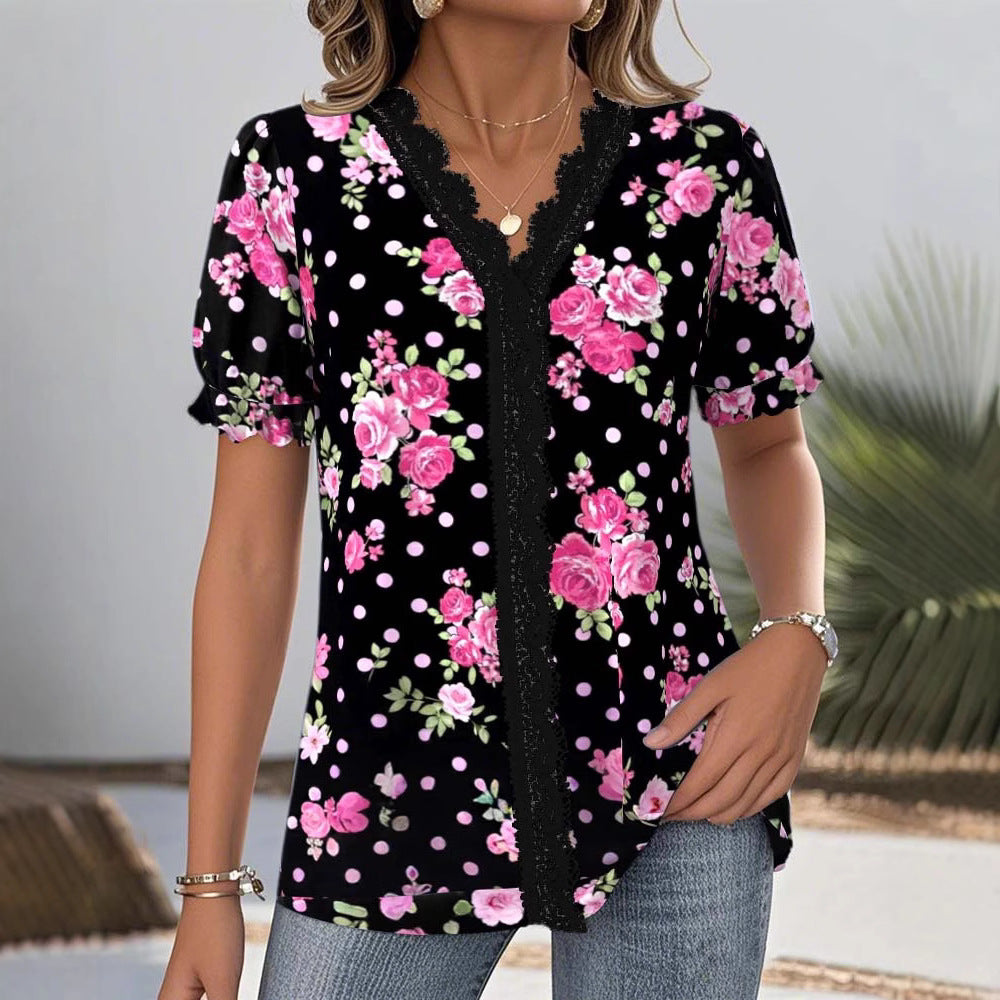 Damen nan V-Ausschnitt-Bluse mit Spitzenborte, Puffärmeln und floralem Punktmuster Drune