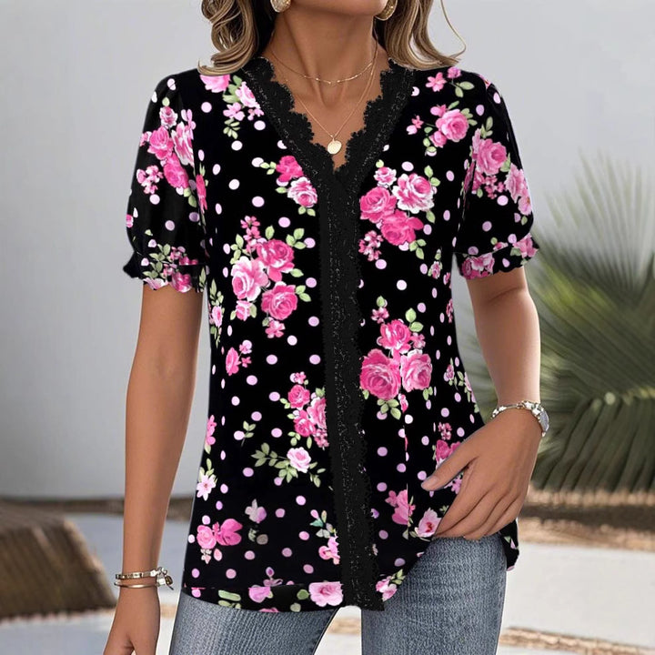 Damen nan V-Ausschnitt-Bluse mit Spitzenborte, Puffärmeln und floralem Punktmuster Drune