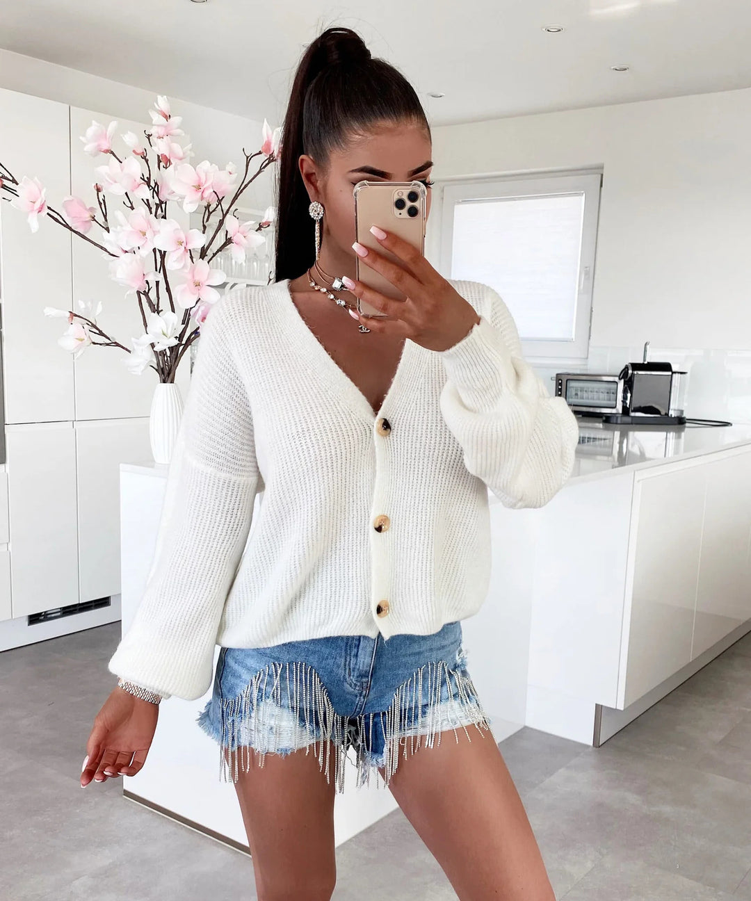 Damen kuschelige Strickjacke mit großen Knöpfen und lockeren Ärmeln Drune