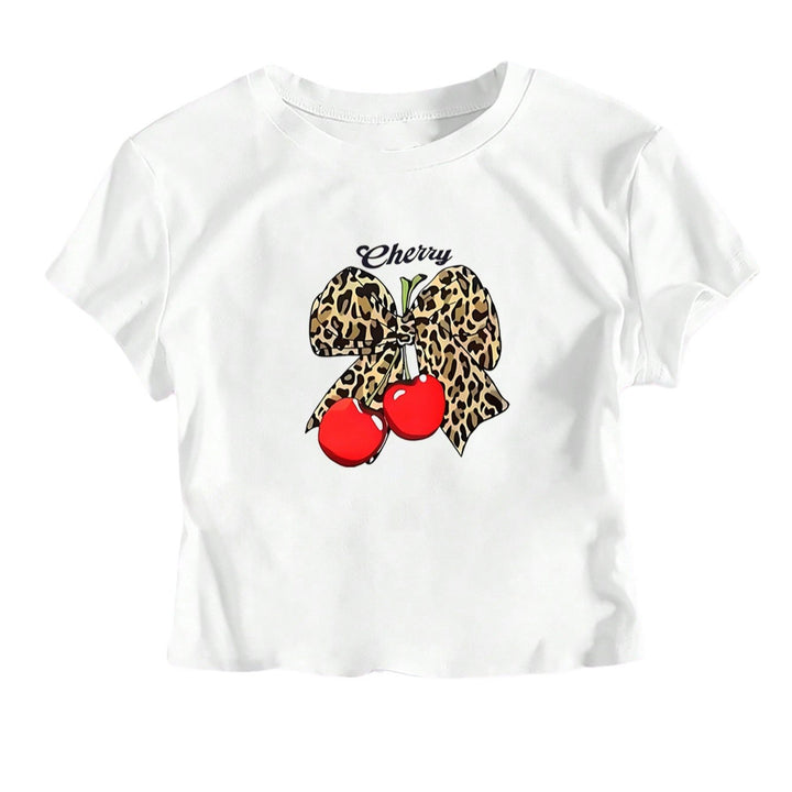 Damen Crop-T-Shirt mit verspieltem Leoparden-Schleifenmotiv und fruchtigem Print Drune
