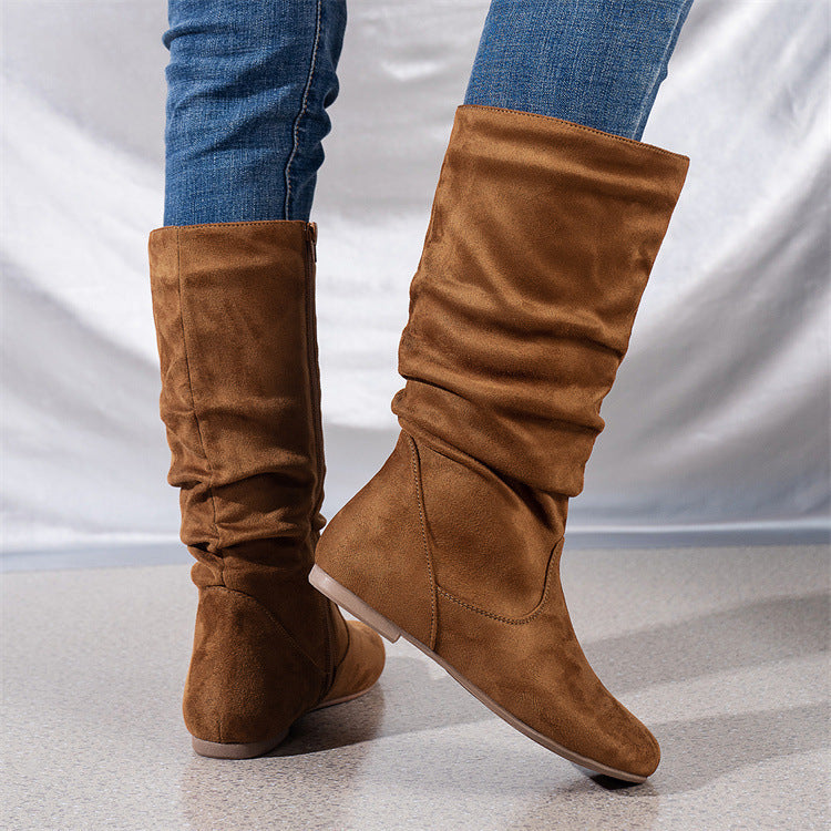 Damen Slouch-Stiefel mit flachem Absatz, seitlichem Reißverschluss und weichem Velours Drune