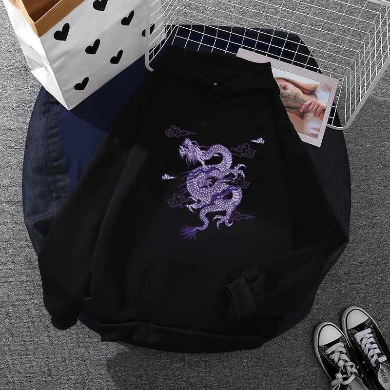 Unisex nan oversized Kapuzensweatshirt mit detailliertem Drachendruck, angerautem Fleece-Innenfutter und Känguru-Tasche Drune