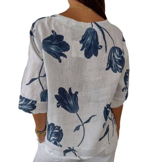 Frauen Locker V-Ausschnitt Bluse Top mit großem floralem Tulpenmuster und Knopfleiste Drune