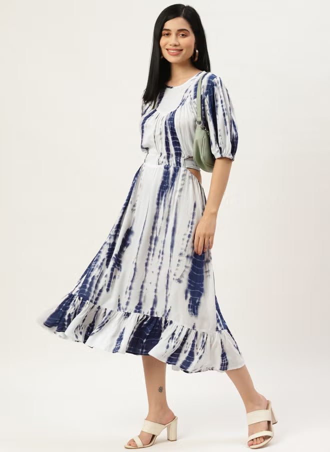 Damen Midikleid mit Batikprint, tailliertem Schnitt, seitlichem Cut-Out und Volant-Saum Drune